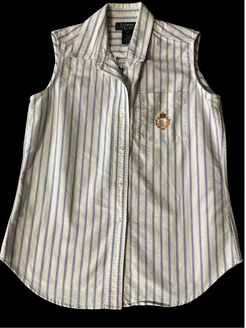 Ralph Lauren White & Light Blue Striped Sleeveless Button Shirt with Crest. 4P